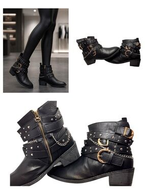 Size 7.5 Black Studded Buckle Ankle Boots with Chain Detail
